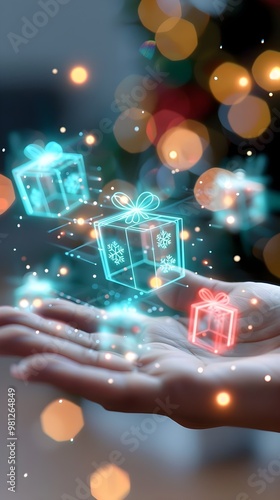 Magical Hands Holding Glowing Gift Boxes with Sparkling Lights and Bokeh