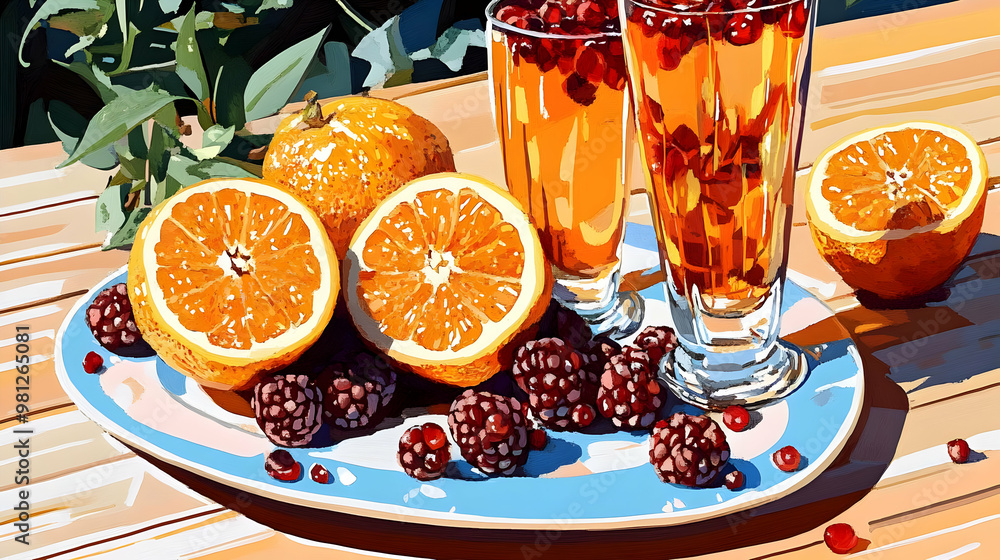 Summer Fruit and Refreshing Drinks on a Table