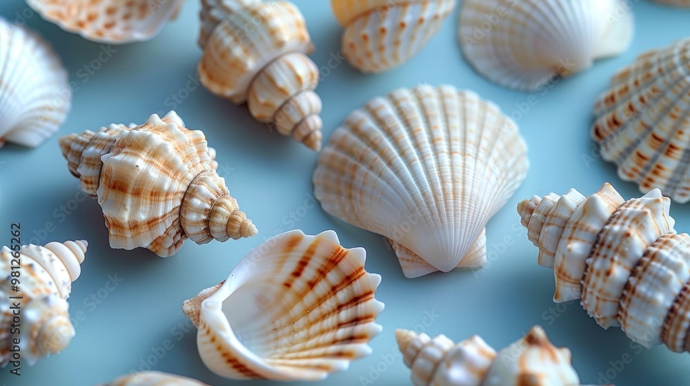 Close-up of various seashells on a light blue background. Close-up of various seashells on a light blue background.
