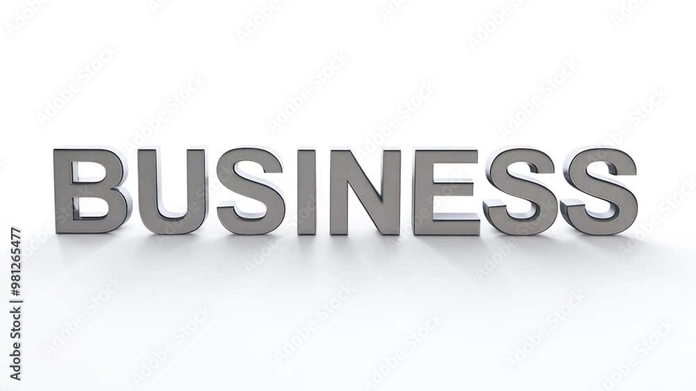 Metallic 3d letters form the word business from disintegrating particles against a clean white background, creating a dynamic visual representation of corporate themes Metallic 3d letters form the word business from disintegrating particles against a clean white background, creating a dynamic visual representation of corporate themes