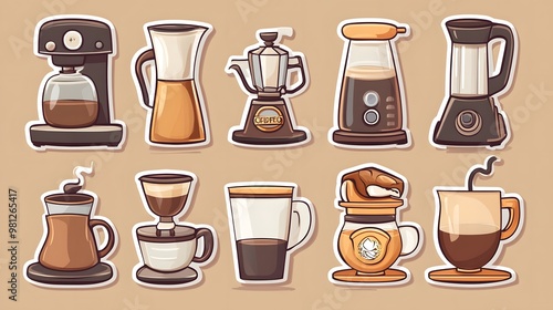 Wallpaper Mural Sticker vector image of a coffee maker, with various types and styles of coffee brewing equipment on a brown background. Vector illustration, in a cartoon style for stickers or label design Torontodigital.ca