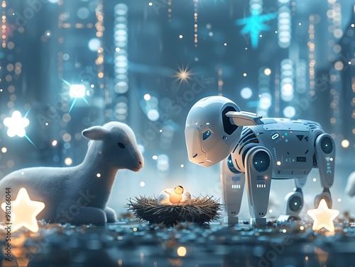 Robotic Nativity Scene with Glowing Stars in Futuristic City Landscape