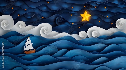 Sailboat Guided by the North Star Through Stormy Seas at Night