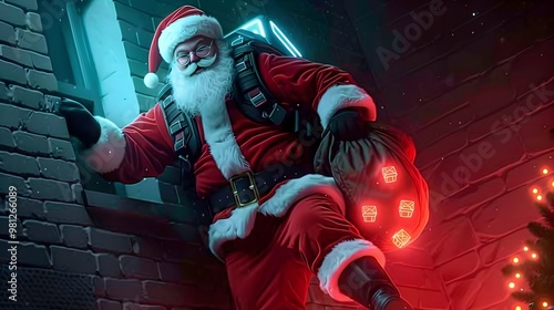 Santa Claus Delivering Futuristic Gifts with Jetpack Down Chimney