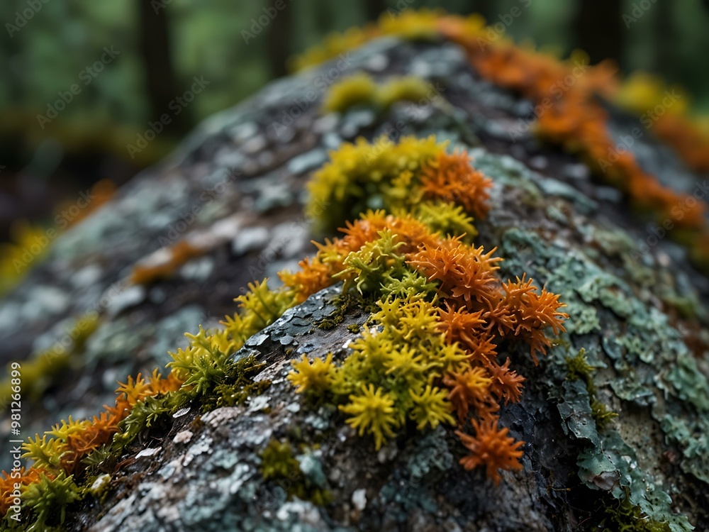 Close-up of colorful lichen growing on a stone in a moist forest. Close-up of colorful lichen growing on a stone in a moist forest.