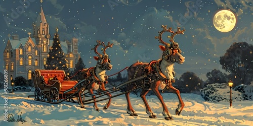 Steampunk Reindeer Sleigh Soaring Through Victorian Winter Wonderland