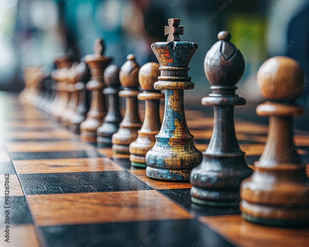 Fototapeta premium A chessboard with global currencies and inflation indicators as chess pieces, global strategy, economic inflation