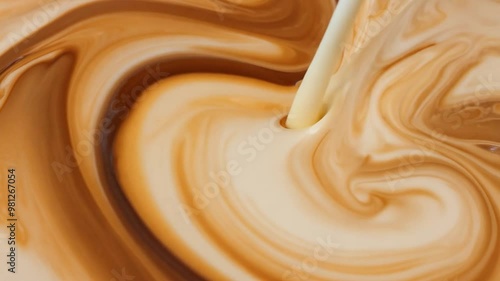 White cream pours into coffee cream, forming beautiful swirls and creating a captivating latte art effect. The dynamic blend of colors showcases a delicious beverage experience