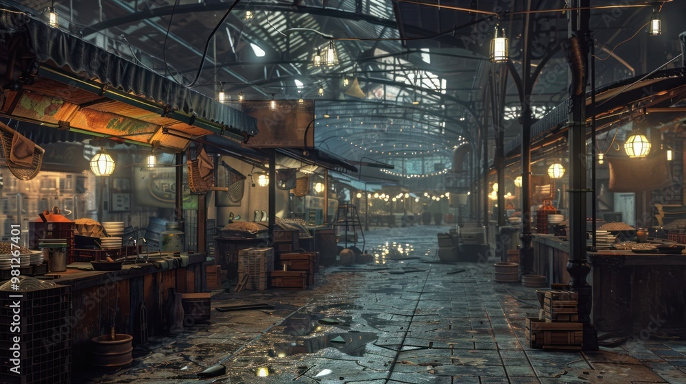 Empty Market with Stalls and Lights Empty Market with Stalls and Lights