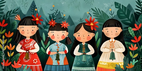 Vibrant of Asian Children Ringing Bells to Ward Off Evil Spirits