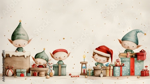 Watercolor Elves Working in Santa s Christmas Workshop Making Toys