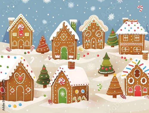 Whimsical Gingerbread Cottages with Candy in a Snowy Winter Landscape