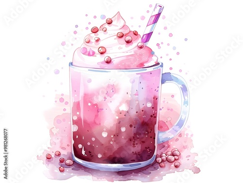 Whimsical Watercolor Cocoa Drink with Fairy Inspired Bubbles and Frothy Cream