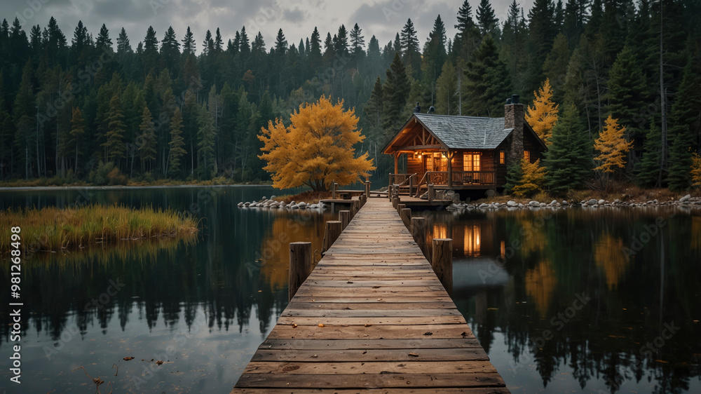 Fototapeta premium cozy wooden cottage with lights on and a pier surrounded by a picturesque frozen lake and pine forest in autumn at sunset