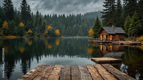 Fototapeta Naklejka Na Ścianę i Meble -  cozy wooden cottage with lights on and a pier surrounded by a picturesque frozen lake and pine forest in autumn at sunset
