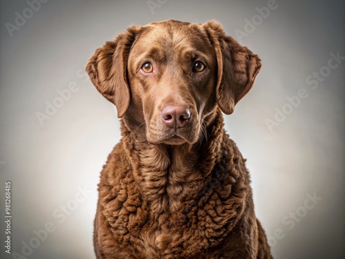 Adorable brown Chesapeake Bay Retriever dog with floppy ears and curly tail sits patiently in studio, looking directly at camera with soulful brown eyes.