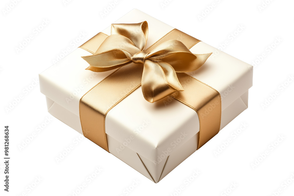 A beautifully wrapped white gift box adorned with a luxurious gold satin ribbon and bow. Png die cut isolated. A beautifully wrapped white gift box adorned with a luxurious gold satin ribbon and bow. Png die cut isolated.