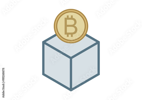 Cubo y criptomoneda de bitcoin representando la blockchain 