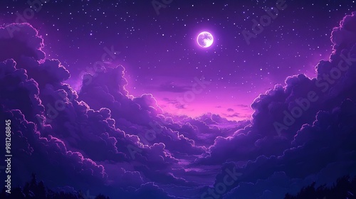 A serene night sky filled with vibrant purple clouds, twinkling stars, and a glowing moon, evoking a sense of tranquility and wonder.