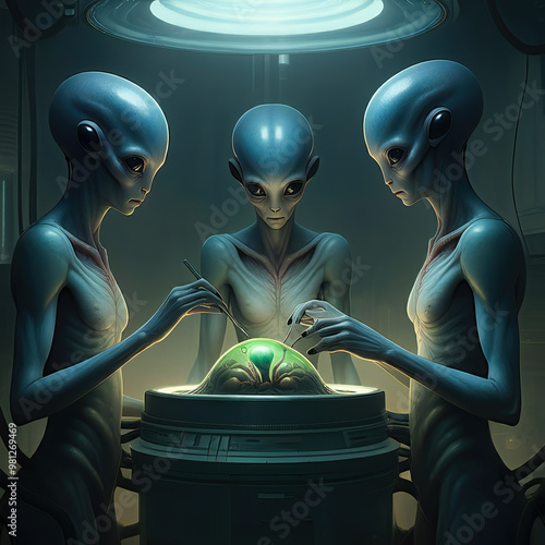 Three Aliens Experimenting On A Life Form , Ai Generated Illustration photo