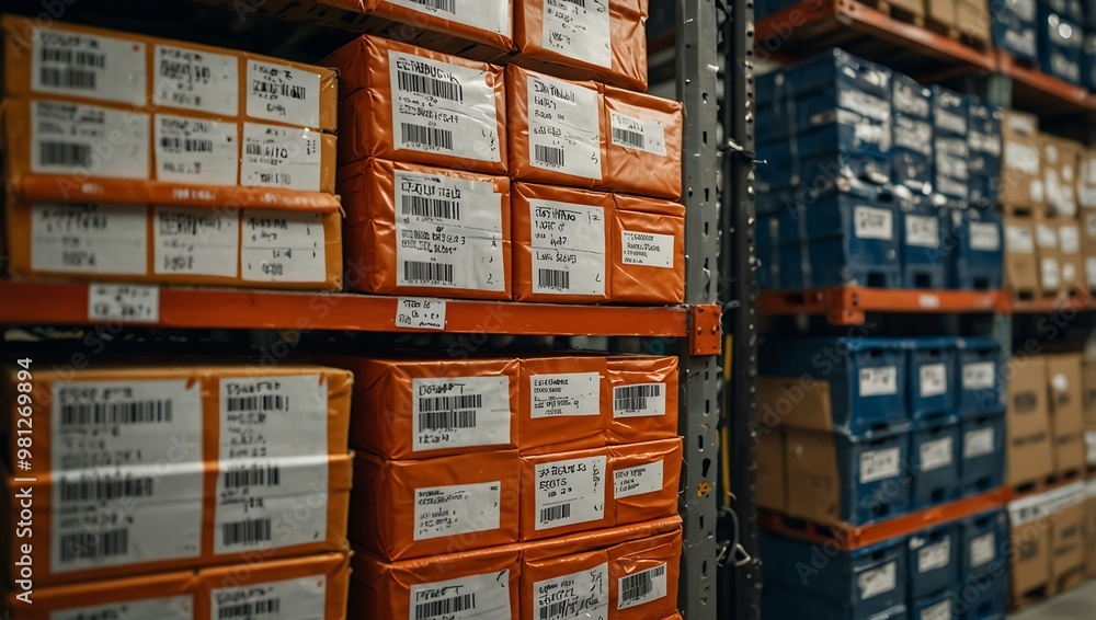 Close-up of organized warehouse inventory labels on products. Close-up of organized warehouse inventory labels on products.
