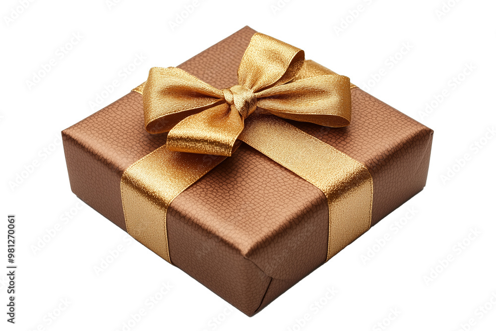 Obraz premium A beautifully wrapped gift box featuring a sleek brown wrapping paper adorned with small white polka dots and tied with a luxurious golden satin ribbon
