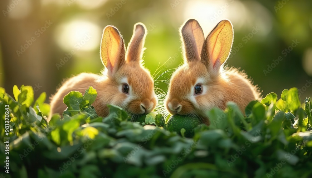 Pair of fluffy domestic rabbits eating fresh vegetables in a backyard garden, surrounded by greenery and soft morning light Pair of fluffy domestic rabbits eating fresh vegetables in a backyard garden, surrounded by greenery and soft morning light