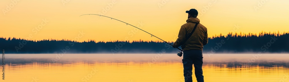 Serene sunset view of a person fishing by the lake, surrounded by nature's beauty and tranquility. Serene sunset view of a person fishing by the lake, surrounded by nature's beauty and tranquility.