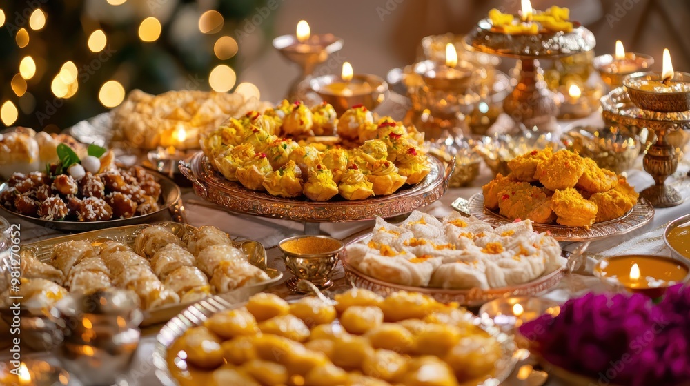 A table set for a Diwali dinner with traditional Indian dishes, sweets, and decorations A table set for a Diwali dinner with traditional Indian dishes, sweets, and decorations