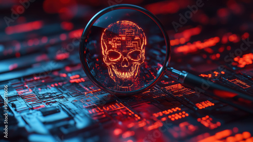 A magnifying glass reveals glowing skull pattern on digital background, evoking intrigue photo