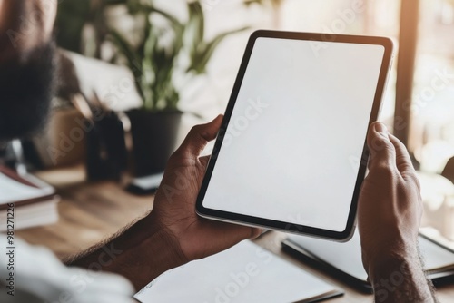 A man holding a tablet with a white screen, a close-up of the tablet and his hands The background is blurred to focus on his face as he reads or looks at it Generative AI