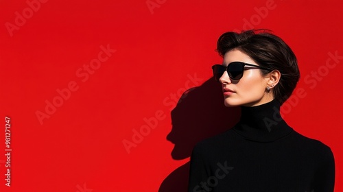 A woman with short hair stands beside a bright red wall, exuding confidence. She wears dark sunglasses and a fitted black turtleneck, highlighting her chic style in the sunlight