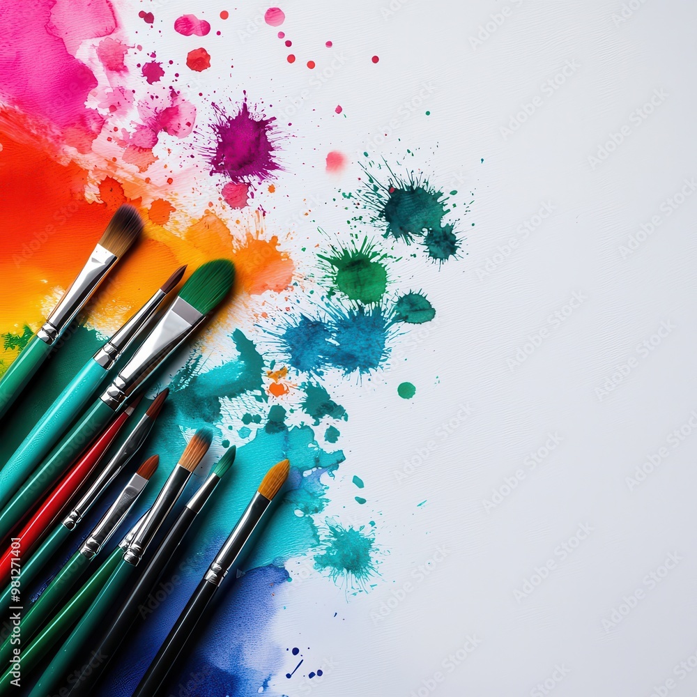 Fototapeta premium Vibrant paint splashes and brushes create a colorful backdrop for artistic expression and creativity.