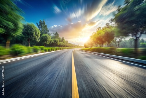 An empty road is depicted with a blurred background to convey motion. AI Generative