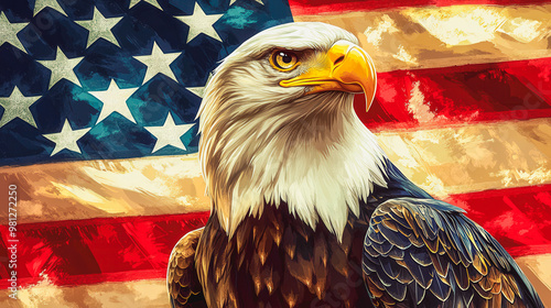 An eagle is standing in front of the American flag