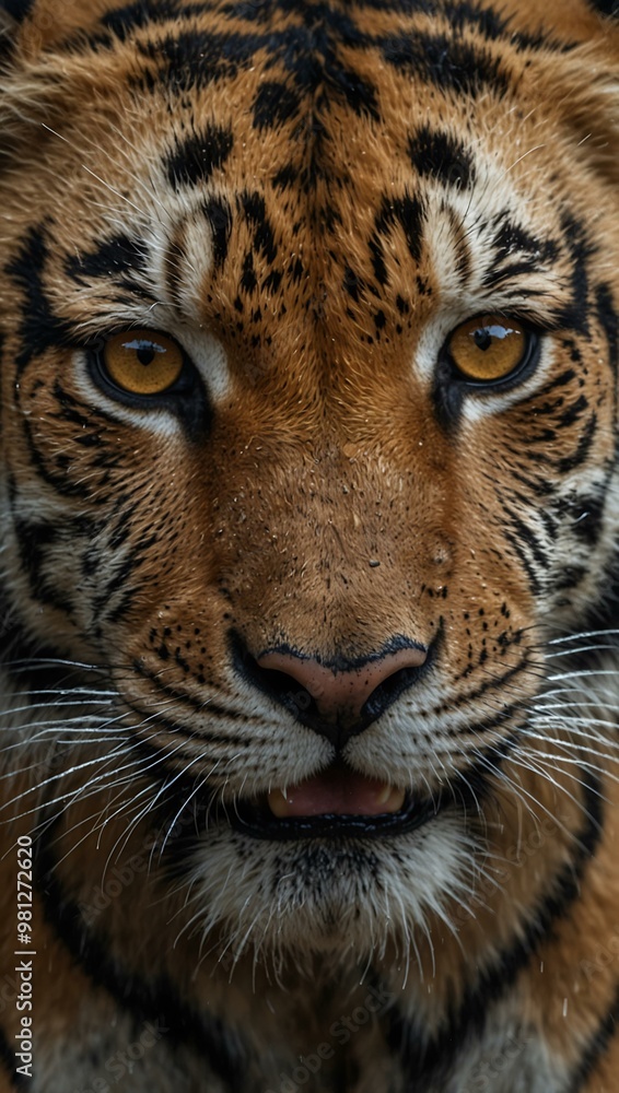 Close-up portrait of a tiger in the rain with intense eyes. Close-up portrait of a tiger in the rain with intense eyes.