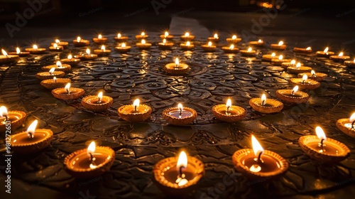 Diyas arranged in a pattern, lit up to celebrate Diwali at night