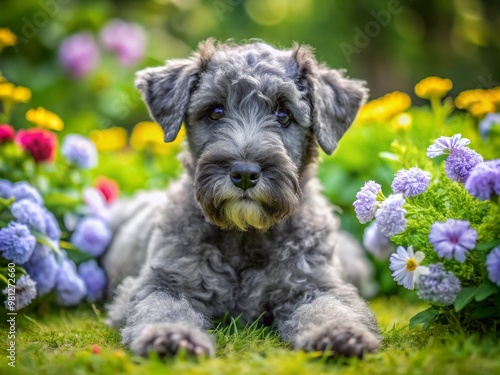 Adorable Kerry Blue Terrier puppy lies on lush green grass, showcasing its distinctive silver-blue coat and cute facial expression, surrounded by vibrant blooming flowers. photo