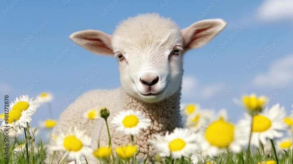 Fototapeta premium A playful lamb stands among vibrant daisies, enjoying the warm sunlight in a picturesque meadow. The scene captures the essence of spring and nature's beauty