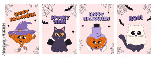 Collection of groovy posters and cards with spooky Halloween characters. Retro cartoon set. Posters with lettering and phrases.