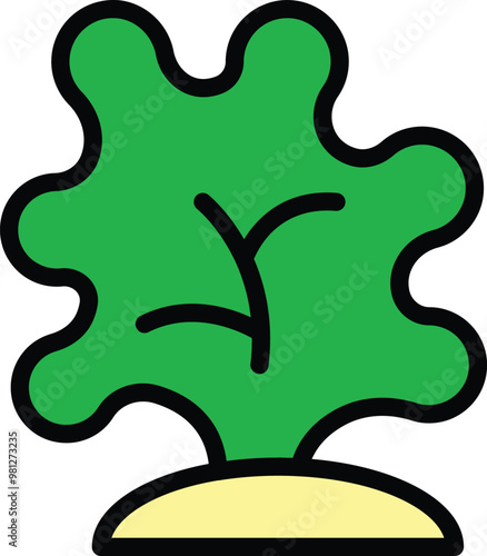 Cartoon style icon of a green seaweed growing from the sandy bottom of the sea