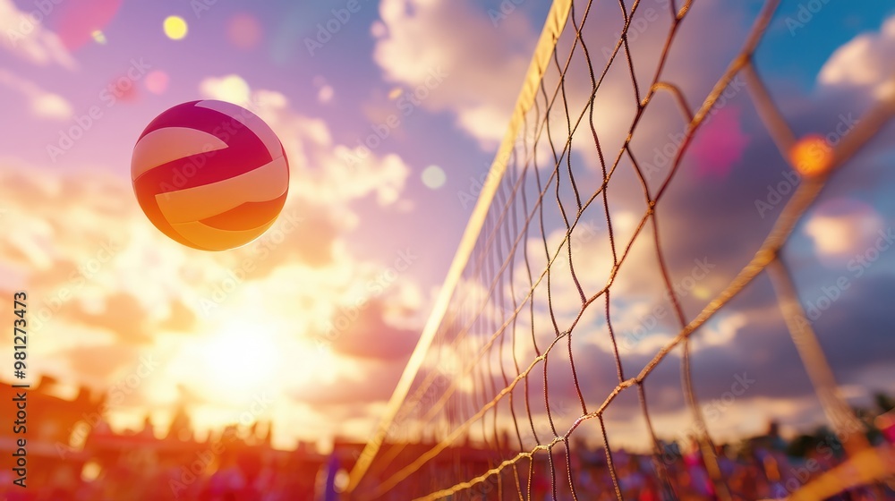 Obraz premium Volleyball in flight over net at sunset. Dynamic outdoor sports scene with vibrant sky. Summer beach activities concept.