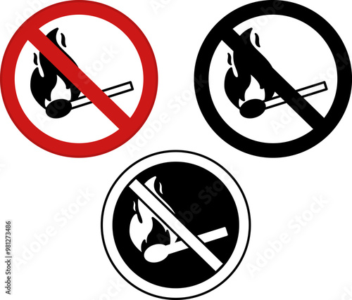 No Fire Signs. Prohibitory Road Sign. Burning Match. Hazard Warning. Red, Black, and White Vector Icons