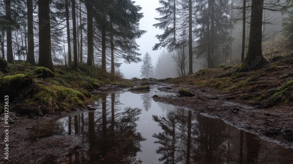 Obraz premium A tranquil forest scene showcases tall trees shrouded in fog, with a calm puddle reflecting their silhouettes. The setting conveys a quiet serenity typical of an early morning in nature