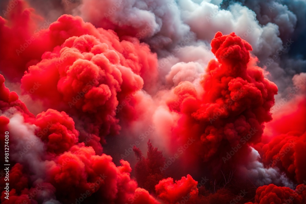 Fototapeta premium Red smoke plumes against white clouds creating abstract scene