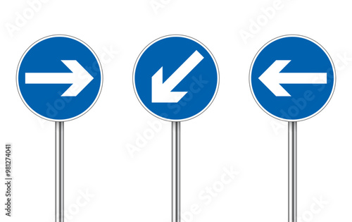 blue circle road signs with arrows pointing in different directions