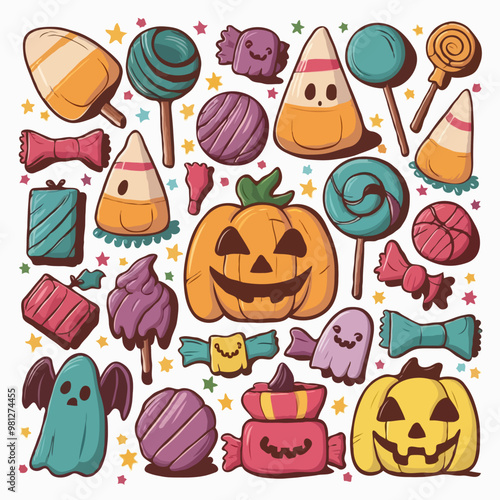 A vibrant and spooky collection of Halloween-themed. Colorful candies such as candy corn, lollipops, chocolates, andwrapped sweets are artistically arranged in a playful manner. 