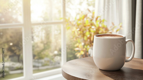 Wallpaper Mural A hot chocolate on a white mug on a wooden round table in front of a bright window Torontodigital.ca