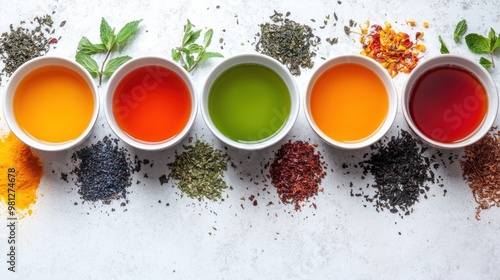 A variety of herbal teas in bowls next to colorful dried herbs create a vibrant display photo