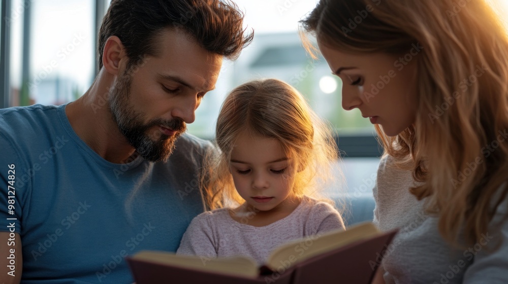 A parent and their child are engaged in reading a book, creating a warm and intimate atmosphere filled with love and learning in their cozy living room A parent and their child are engaged in reading a book, creating a warm and intimate atmosphere filled with love and learning in their cozy living room